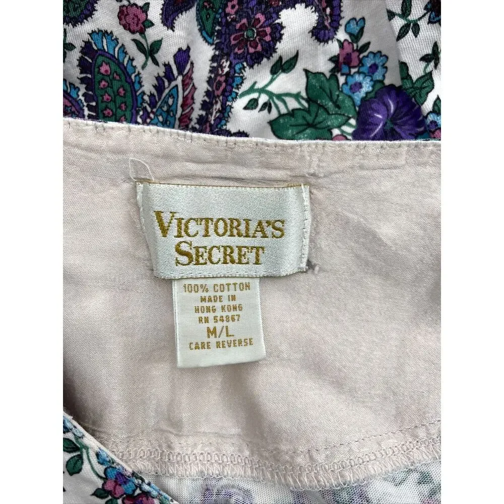 Victorias Secret Womens Gold Label Shirt M/L White Paisley‎ Long Pajama Shirt